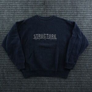 VTG Structure Crewneck Sweater Mens Large Navy Blue Embroidered Logo Heavy Knit